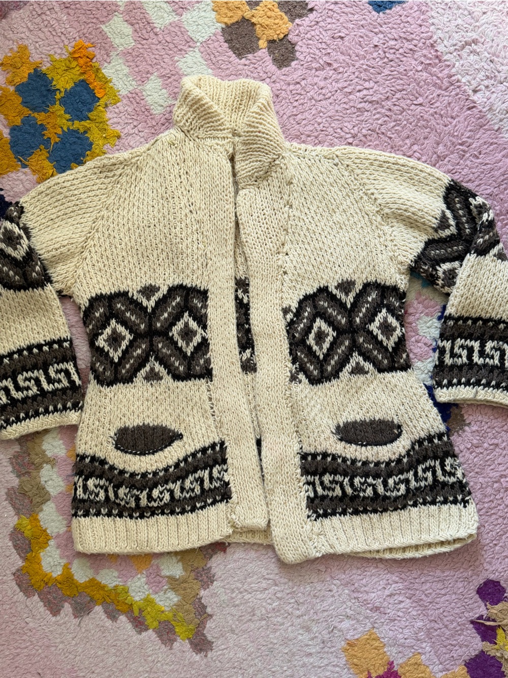 Vtg 60s 70s Chunky Cowichan Wool Sweater Cardigan Marilyn Monroe Geometric